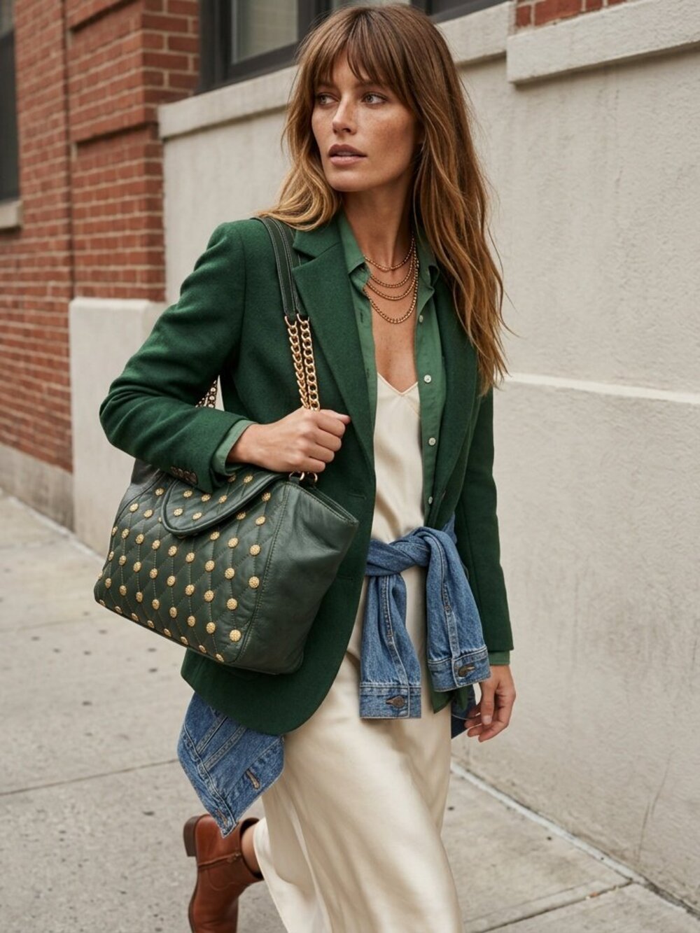 Leather Green Chain Purse Vintage 80s Emerald XL Leather Studded Tote Bag